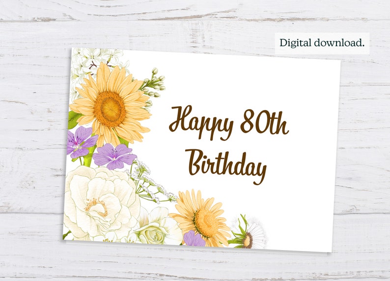 80th Birthday Card, 80th Birthday Card Printable, Floral 80th Birthday ...