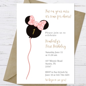 Invito per il primo compleanno di Minnie Mouse, Invito per il primo compleanno di Minnie Mouse, Invito per palloncino Minnie Mouse