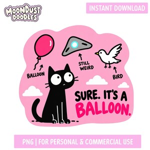May include: A digital illustration on a pink background featuring a black cat looking up at a pink balloon, a grey triangular object labelled STILL WEIRD, and a white bird. The text reads BALLOON, STILL WEIRD, BIRD, and SURE. IT'S A BALLOON.
