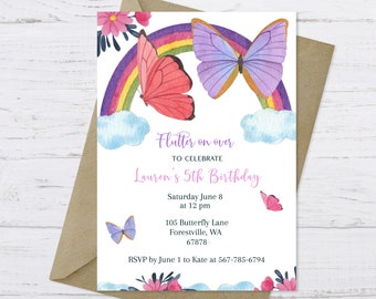 Butterfly Birthday Invitation, Rainbow Butterfly Invitation, Rainbow Butterfly Birthday Invitation