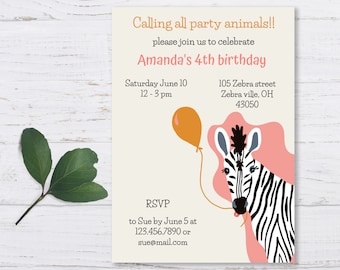 Zebra Invitation, Zebra Birthday Invitation, Zebra Safari Invitation, Zebra Safari Birthday Invitation Template