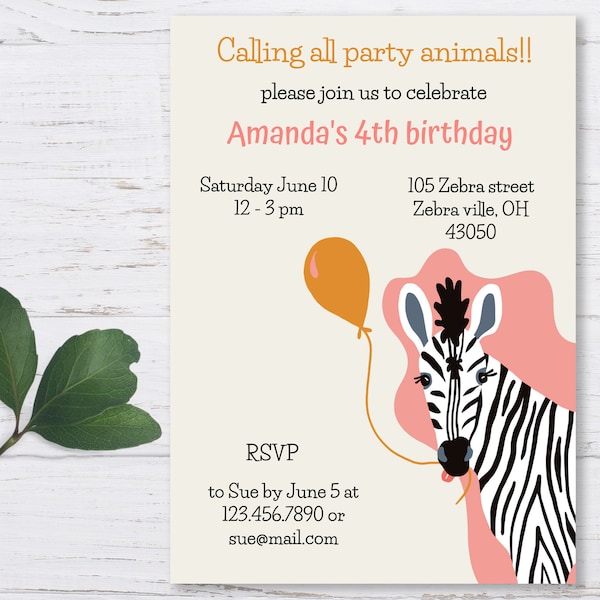Zebra Invitation, Zebra Birthday Invitation, Zebra Safari Invitation, Zebra Safari Birthday Invitation Template