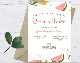 One in a Melon Invitation, One in a Melon First Birthday Invitation, Watermelon Invitation