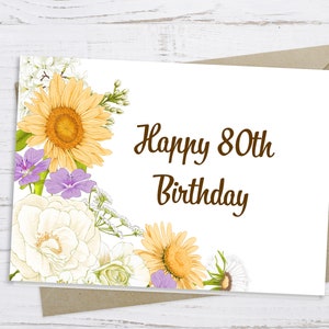 Cartão de aniversário de 80 anos, Cartão de aniversário de 80 anos para impressão, Cartão de aniversário de 80 anos floral, Cartão de aniversário de 80 anos para impressão