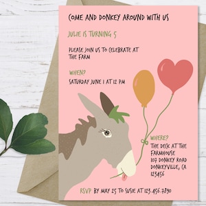 Convite de burro, convite de aniversário de burro, convite de burro para impressão, convite de fazenda de burros
