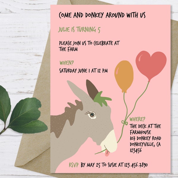 Donkey Invitation, Donkey Birthday Invitation, Printable Donkey Invitation, Donkey Farm Invitation