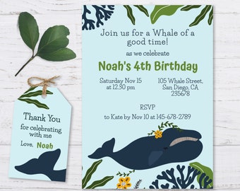 Whale Invitation, Whale Birthday Invitation, Whale Birthday Invitation Template, Whale Thank You Tag