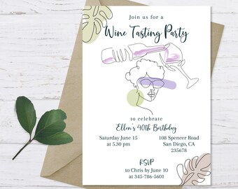 May include: A white invitation card with a line drawing of a woman with sunglasses and a wine glass. The text on the card reads "Join us for a Wine Tasting Party to celebrate Ellen's 40th Birthday. Saturday June 15 at 5:30 pm 108 Spencer Road San Diego, CA 235678 RSVP to Chris by June 10 at 345-786-5601"
