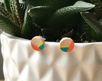 Handmade recycled wooden wood eco stud earrings, hand painted with a geometric pattern in orange, green and yellow natural / organic / earth