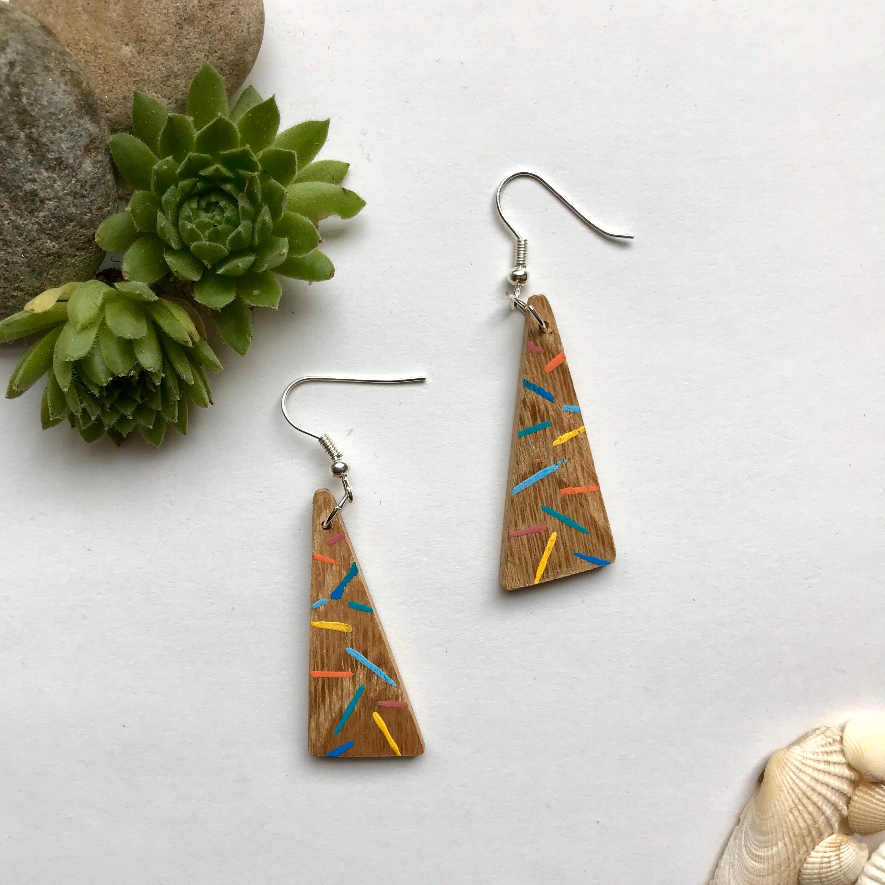 Handmade Recycled Triangle Wooden Oak Eco Earrings, Hand Painted with A Multicoloured Pattern