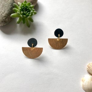 Handmade recycled wood eco stud earrings, wooden black hand painted with a brass half moon