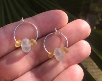 Handmade Sterling Silver hoop earrings, with eco recycled yellow & white glass beads / sea glass / beach / surf / ocean by Nui Jewellery