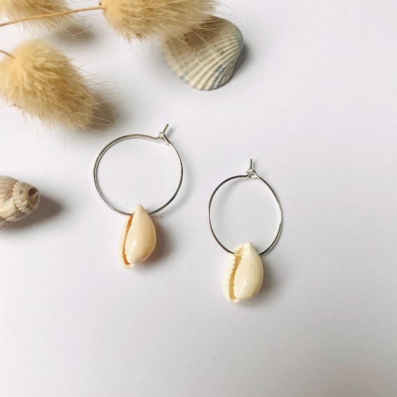Handmade Silver Hoop Earrings With Cowrie Beachy Ocean