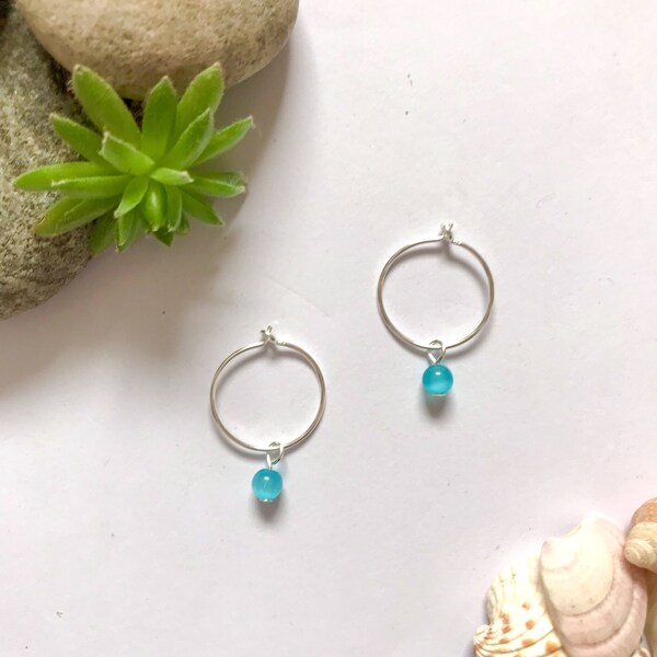 Handmade Sterling Silver hoop earrings, with eco salvaged repurposed recycled blue crystal gemstone