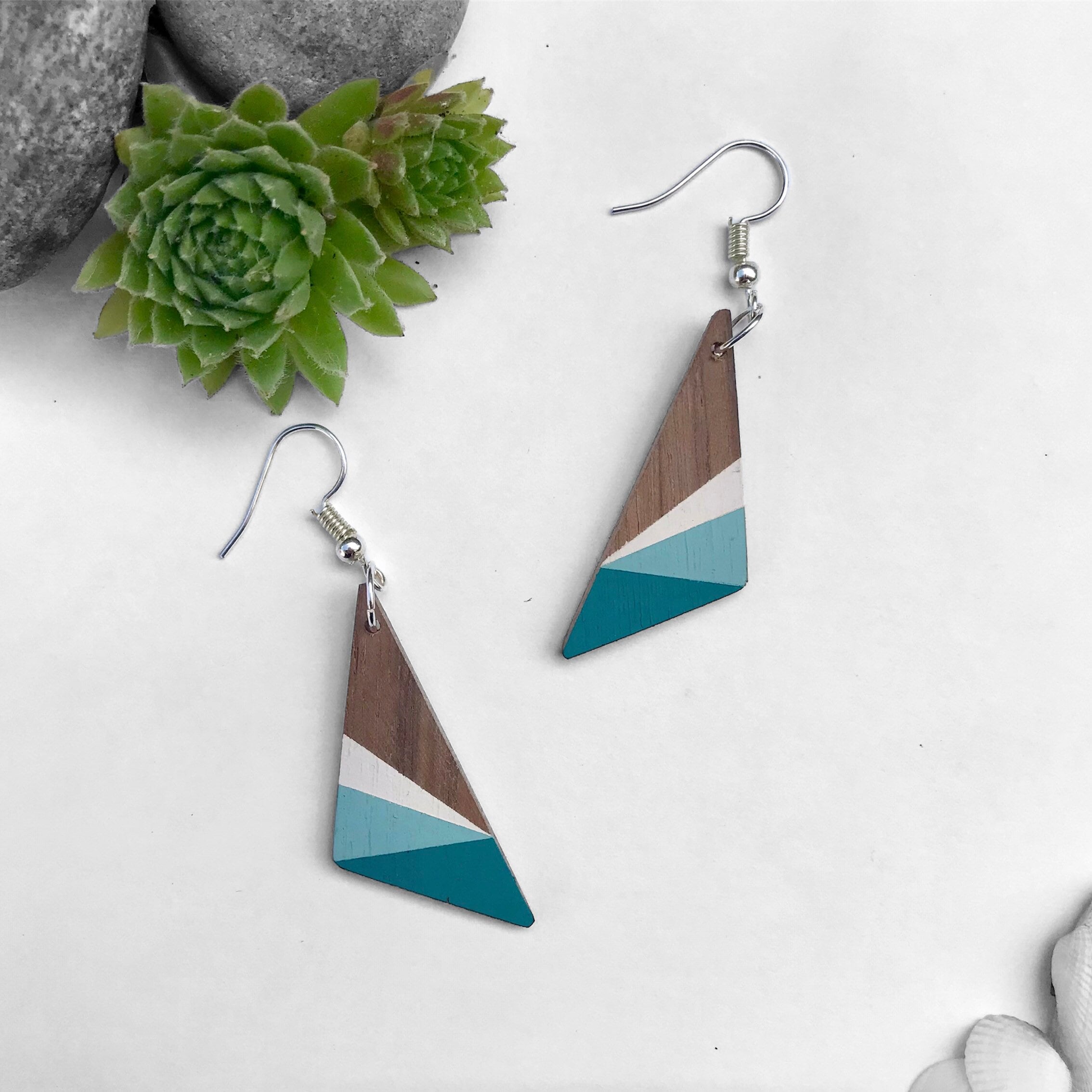 Handmade recycled wooden black walnut eco earrings, hand painted with a geometric pattern in green and white