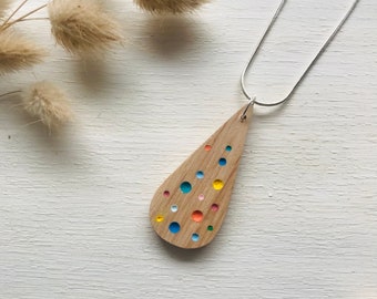 Handmade recycled oak wooden eco necklace hand painted with multicoloured carved spotted pattern. Beachy / Boho / Natural / by Nui Jewellery