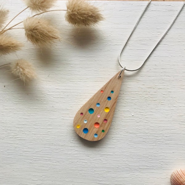 Handmade recycled oak wooden eco necklace hand painted with multicoloured carved spotted pattern. Beachy / Boho / Natural / by Nui Jewellery