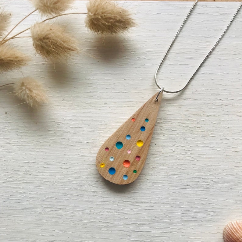 Handmade recycled oak wooden eco necklace hand painted with multicoloured carved spotted pattern. Beachy / Boho / Natural / by Nui Jewellery image 1