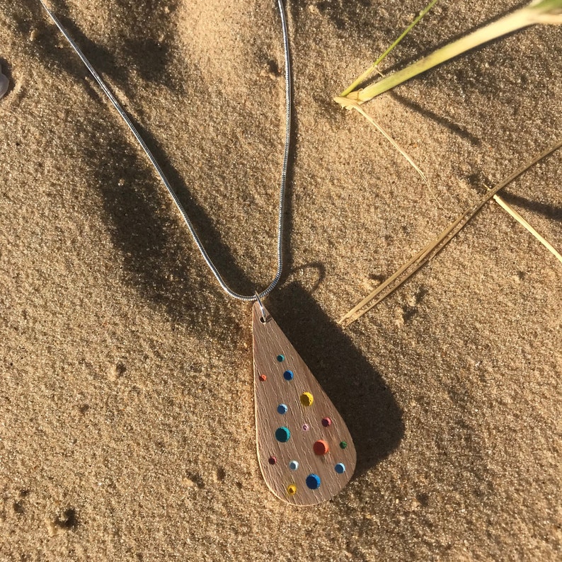 Handmade recycled oak wooden eco necklace hand painted with multicoloured carved spotted pattern. Beachy / Boho / Natural / by Nui Jewellery image 2