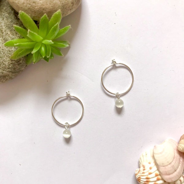 Handmade Sterling Silver hoop earrings, with eco salvaged repurposed recycled clear crystal white gemstone