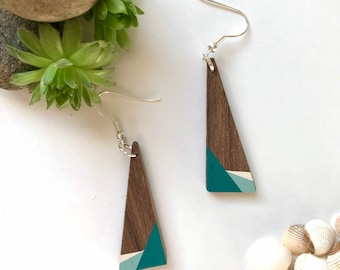 Handmade Recycled Black Walnut Wood Earrings: Geometric Painted Design