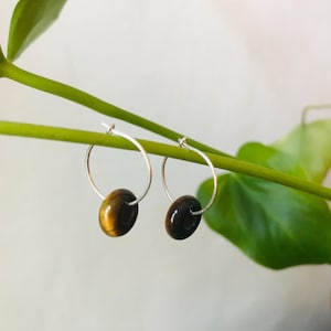 Handmade Sterling Silver hoop earrings with tiger’s eye gemstones. Minimal / Choose your Crystal / Hippie / Boho / For Her / Nui Jewellery