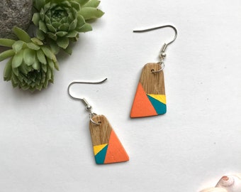 Handmade recycled wooden oak eco earrings, hand painted with a geometric pattern in orange, green and yellow