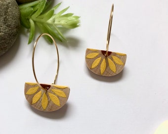 Handmade recycled wooden eco hand painted sunflower hoop earrings cute flower / summery / summer / present gift / quirky  by Nui Jewellery