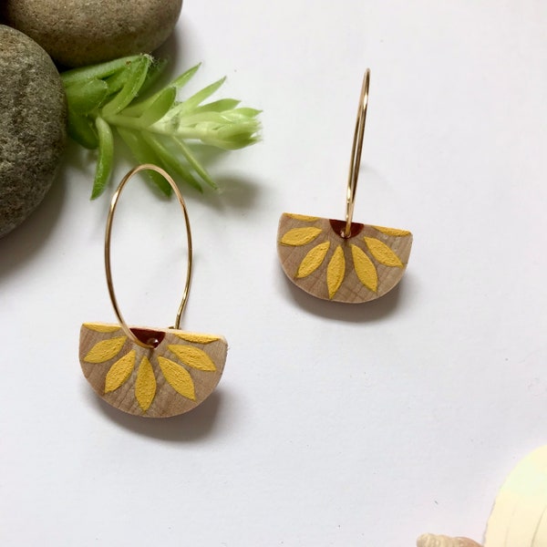 Handmade recycled wooden eco hand painted sunflower hoop earrings cute flower / summery / summer / present gift / quirky  by Nui Jewellery