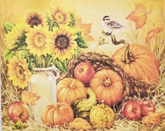 Paquete de bordado de punto de cruz con estampado de calabazas y girasoles de otoño / Bordado impreso / Tela Aida de 11 ct (Descarga de seguimiento del proyecto)