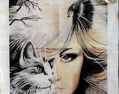 Girl, cat and bird printed canvas 35.5 x 28cm