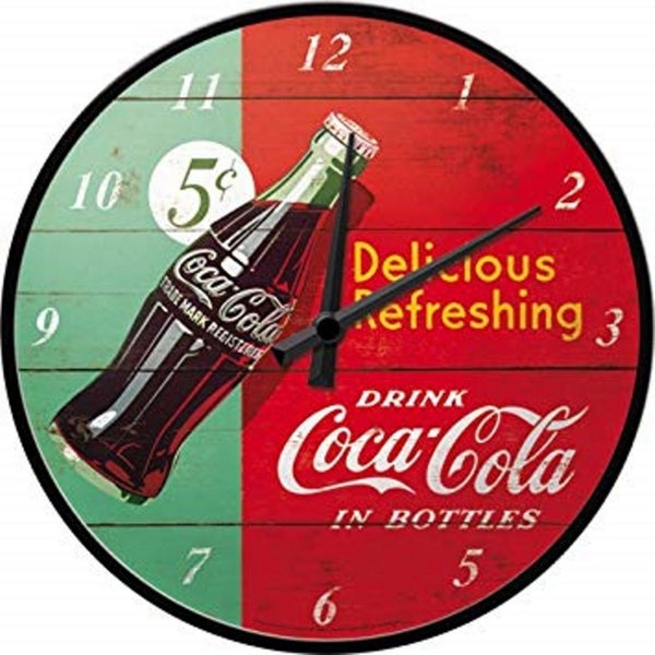 Horloge Métal Diamètre 31cm Bouteille COCA COLA fond rouge/vert