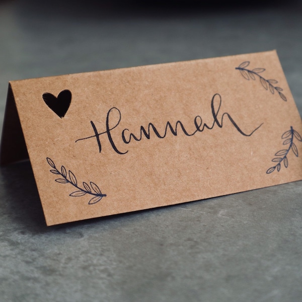 RUSTIC PLACE CARDS, Wedding Place Cards, Rustic Wedding Décor, Calligraphy Cards, Card For Wedding, Heart Cut Outs, Kraft Brown Card