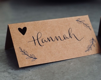 RUSTIC PLACE CARDS, Wedding Place Cards, Rustic Wedding Décor, Calligraphy Cards, Card For Wedding, Heart Cut Outs, Kraft Brown Card