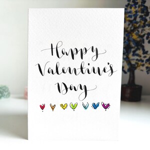 Handmade Happy Valentine’s Day Card with Calligraphy and Rainbow Hearts, Personalized Greeting Card, Romantic Gift for Loved Ones