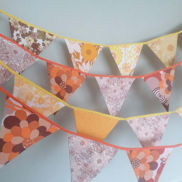 1970s inspired yellow / orange/yellow & orange flower power bunting.