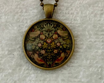 Art Print Pendant Necklace- Strawberry Thief- William Morris- Pre-Raphaelite- Arts and Crafts Movement- Free Beaded Bracelet