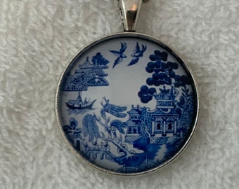 Blue Willow China Pattern Art Print Pendant Necklace