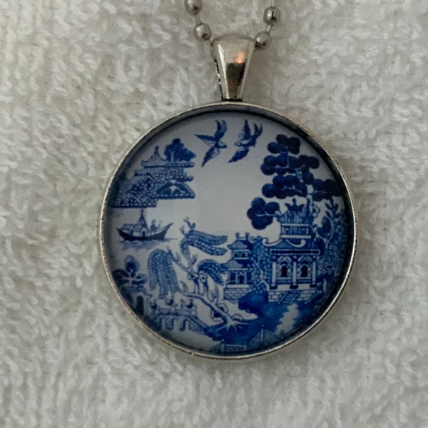 Blue Willow China Pattern Art Print Pendant Necklace