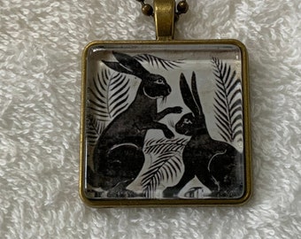 William de Morgan Art Nouveau Print Pendant Necklace- William Morris- Rabbits