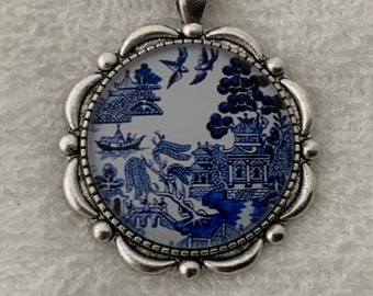 Blue Willow China Pattern Art Print Pendant Necklace