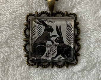 William de Morgan Art Nouveau Print Pendant Necklace- William Morris- Rabbits