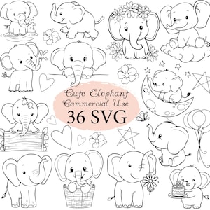Adorable elefante lindo SVG, lindos animales de safari, sello digital, amigos del bosque SVG, elefante bebé PNG, cricut svg, decoración de guardería svg