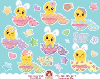 Easter bunny clipart, Cute Spring clipart, Easter egg clip art, duck, Easter Chicks, flowers, scrapbooking, commercial use, Vector clipart