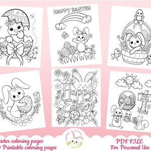 May include: A set of 10 printable Easter coloring pages featuring cute bunny rabbits, eggs, baskets, and flowers. The pages are black and white and ready to be colored.