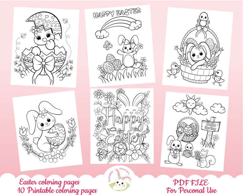 May include: A set of 10 printable Easter coloring pages featuring cute bunny rabbits, eggs, baskets, and flowers. The pages are black and white and ready to be colored.
