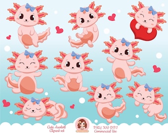 axolotl clipart, cute kawaii axolotl set, cartoon, vector, chibi, cute clip art, sublimation design, happy axolotl, PNG, Printable stickers