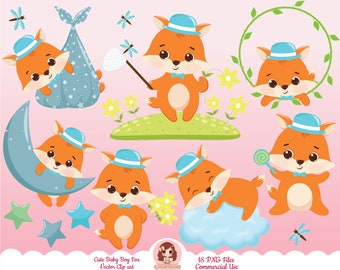 fox clipart, baby boy fox clipart, cute fox vector clipart for baby shower invitation card, woodland animals, sublimation art, chibi fox PNG