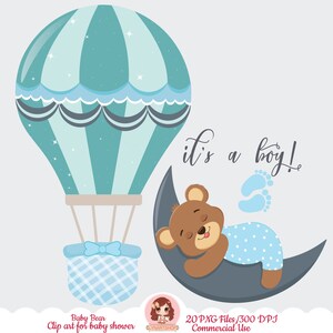 K&ouml;nnte beinhalten: Ein blauer und wei&szlig;er Hei&szlig;luftballon mit einem karierten Korb und einem braunen B&auml;ren, der auf einem Halbmond schl&auml;ft. Der Text "it's a boy!" ist in Kursivschrift &uuml;ber dem B&auml;ren geschrieben.
