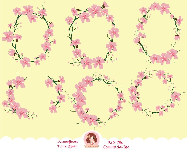 Cadres Sakura / Fleurs de cerisier Cadres Sakura / Cadres de fleurs roses de printemps / Mariage, mariée, printemps, cadres roses / Clip art / branches de fleurs de cerisier / PNG image 1